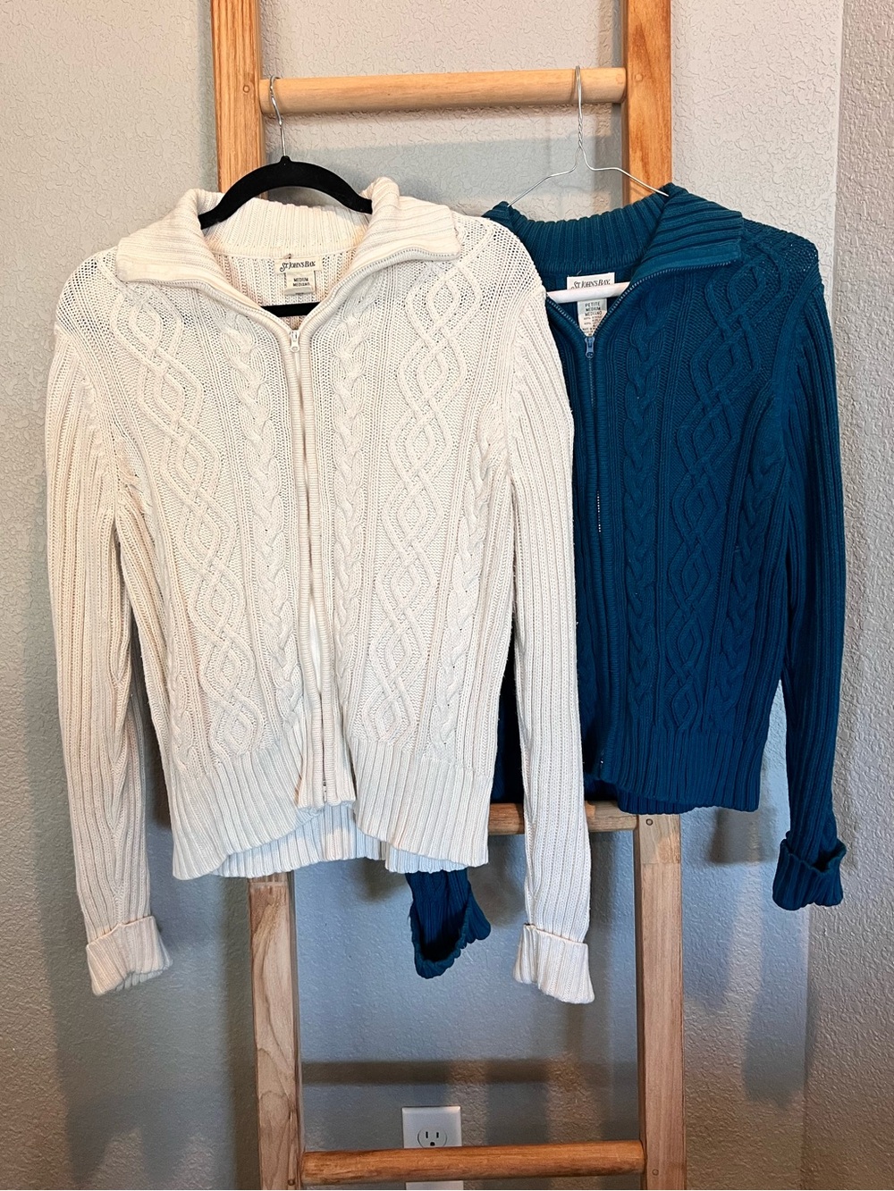 Bundle - St. John’s Bay Full Zip Cable Knit Sweaters Size Medium Cream and Teal